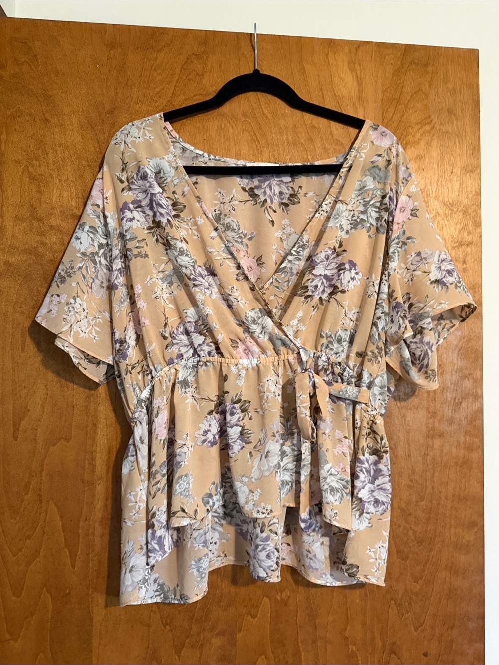 Blush Floral Wrap Peplum Top  with Purple & Pink Bloom - Picture 2 of 4